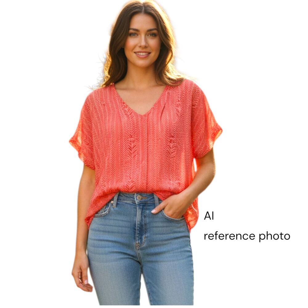 Anthropologie Maeve Silk Top Blouse Coral Orange Chevron Print Short Sleeve Boho